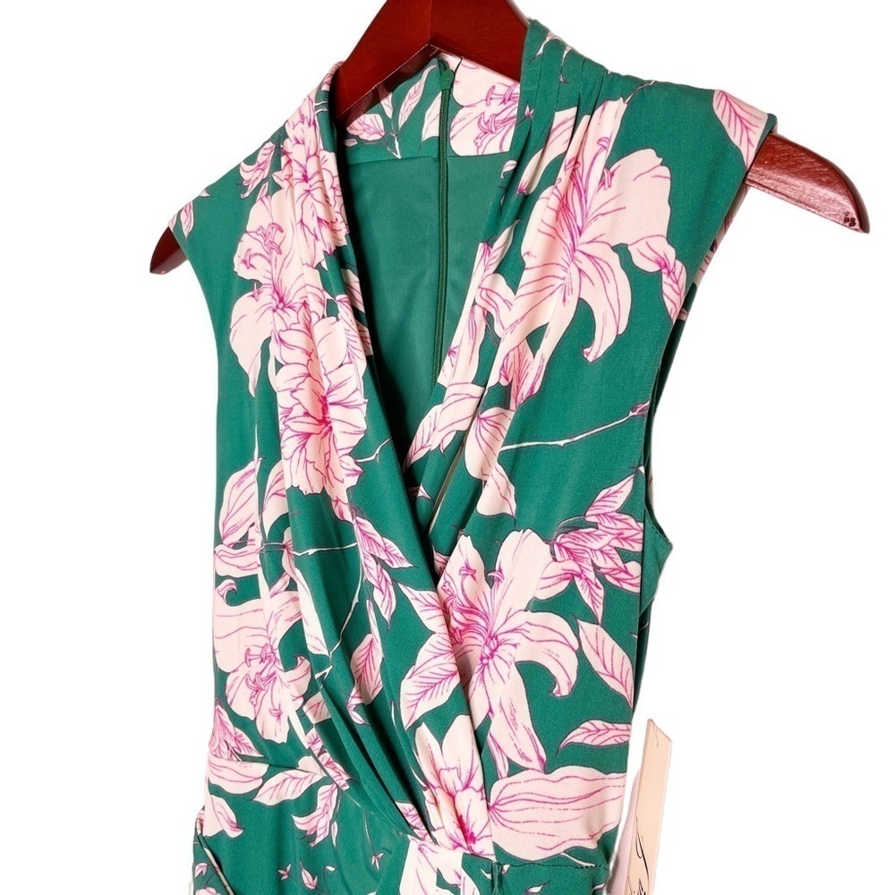 ELIZA J NWT Sleeveless Faux Wrap Tie Waist Dress Size 2 in Garden Floral Green - Picture 3 of 16